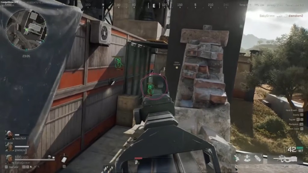 Delta Force aimbot lock-on with red FOV circle through weapon sight